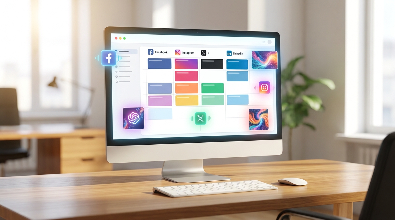 AI-powered social media content calendar displaying scheduled posts and AI-generated ideas across multiple platforms.