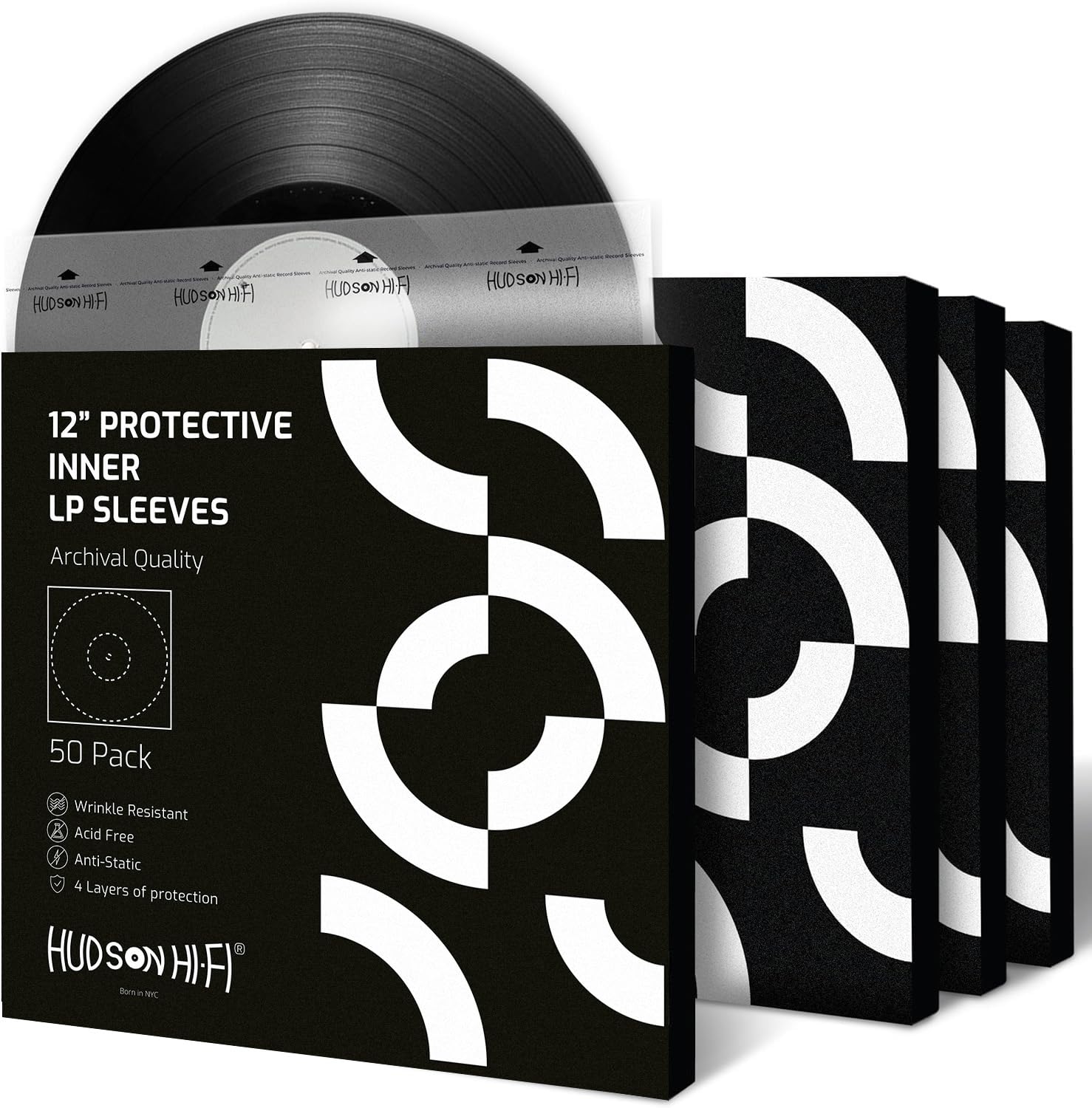 Hudson Hi-Fi Anti-Static Vinyl Record Sleeves - Durable Clear Disc Sleeves- Protect Your LP Albums from Scratches, Dust & Dirt - Acid-Free Rice Paper Disc Covers, 50x Inner Sleeves