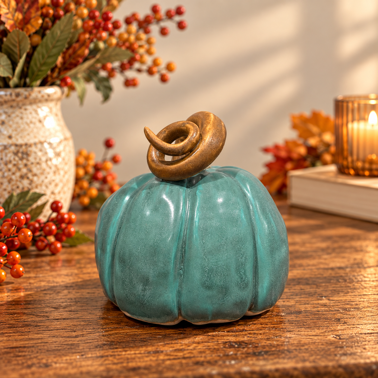 Hand-built one-of-a-kind pumpkin in a patina glaze.