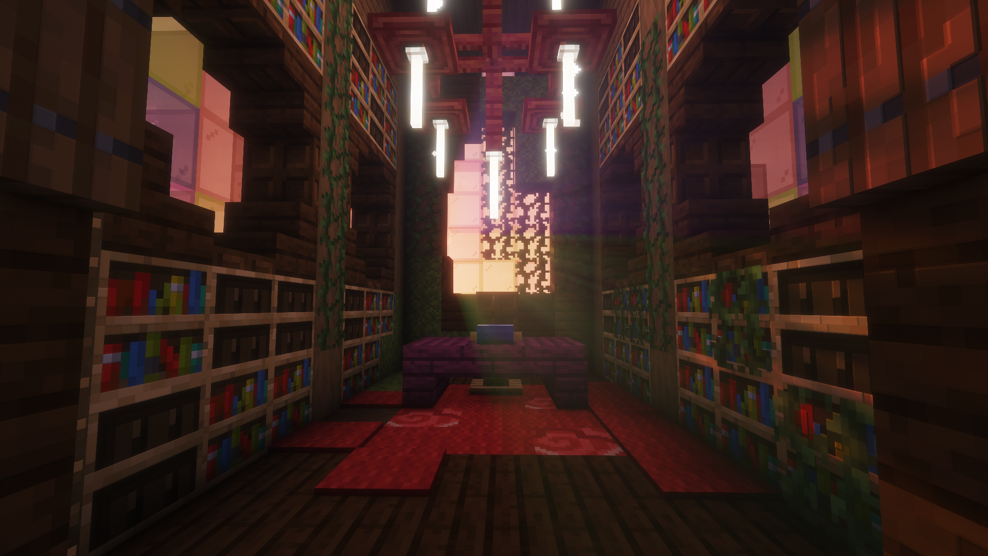 Building of a magical overgrown library with stained glass windows, in the middle is a deck of Tarot Cards