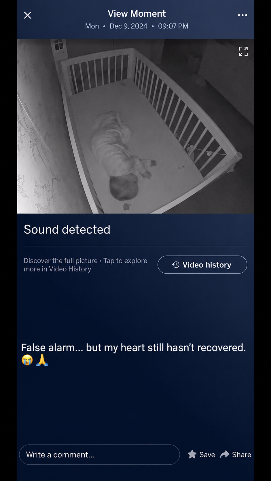 Mom checking baby monitor peacefully — baby sleeping safely