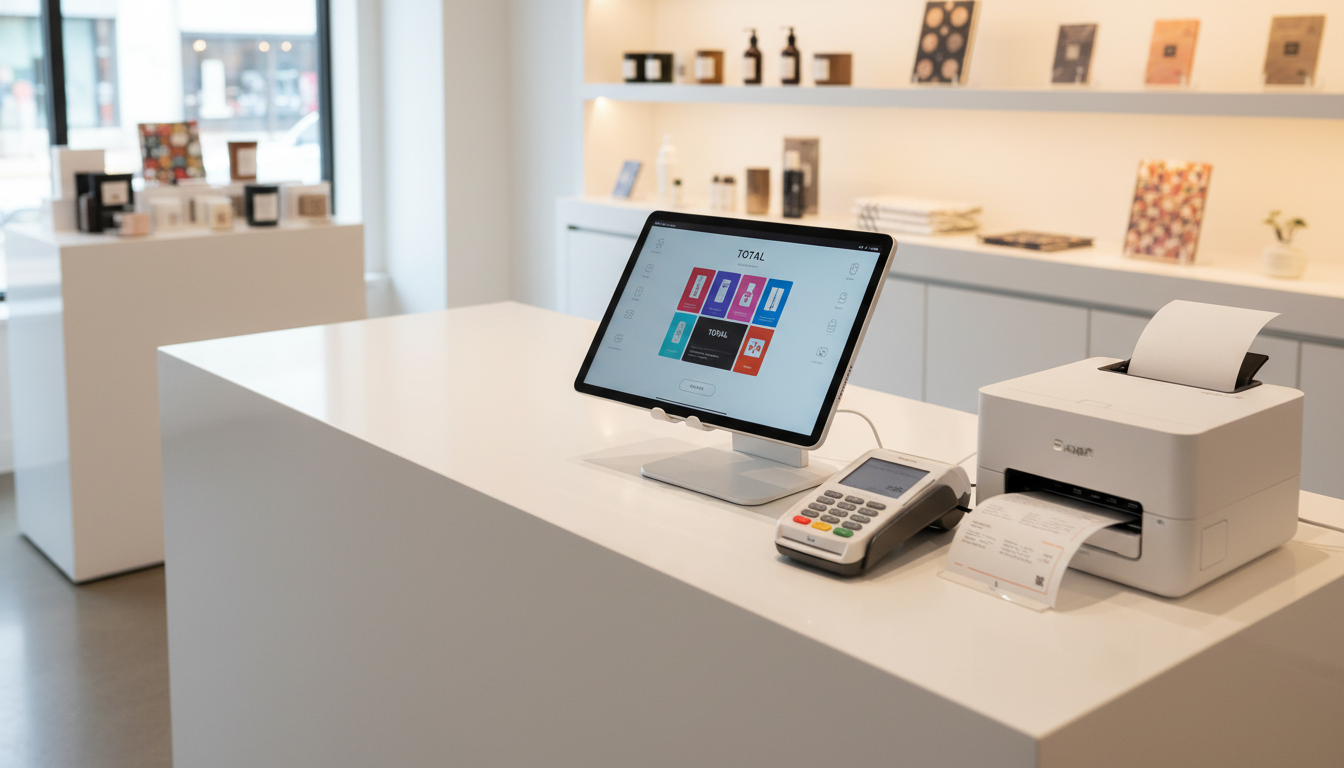 Modern kassasysteem met tablet en card reader in een retail omgeving