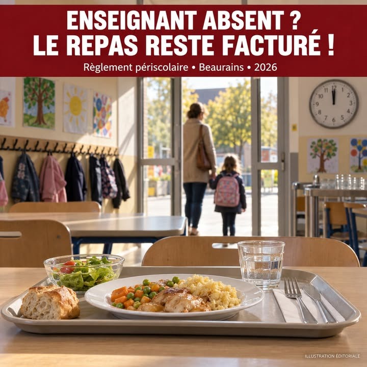 Une assiette de repas scolaire avec riz, poulet, légumes et pain sur un plateau, posée sur une table de cantine.