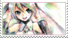 a stamp of hatsune miku smiling and holding her headphones with pastel pink, blue, orange, and green. it's also drawn by her official illustrator, kei