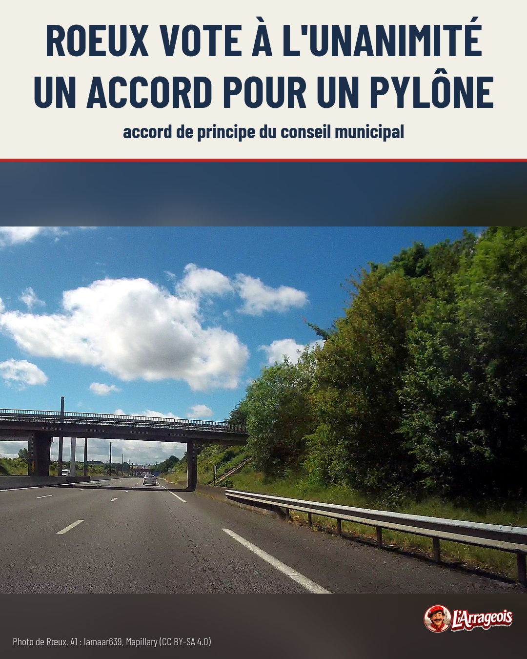 Vue depuis une autoroute montrant une voie à plusieurs voies, un pont routier en arrière-plan et une haie boisée sur le côté droit.