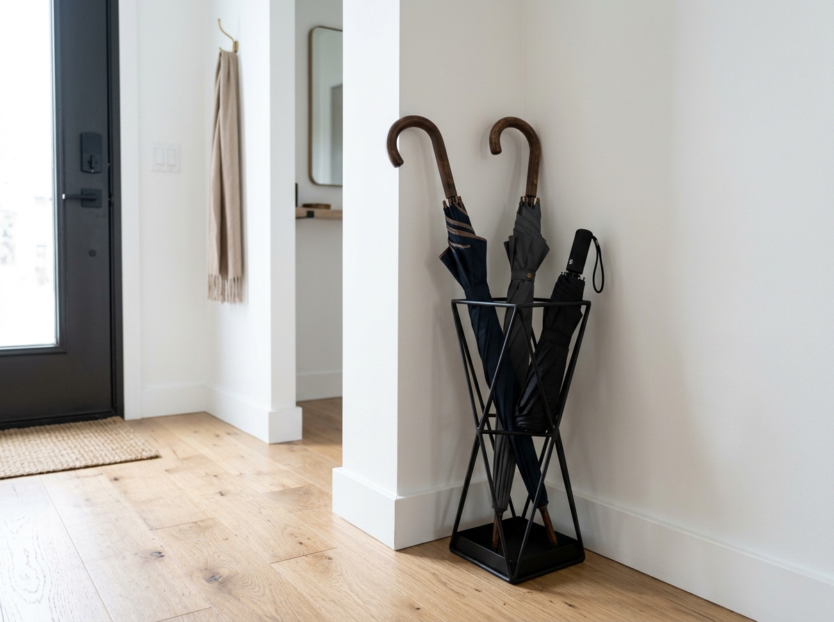 Geometric umbrella stand with removable drip tray for rental entryways