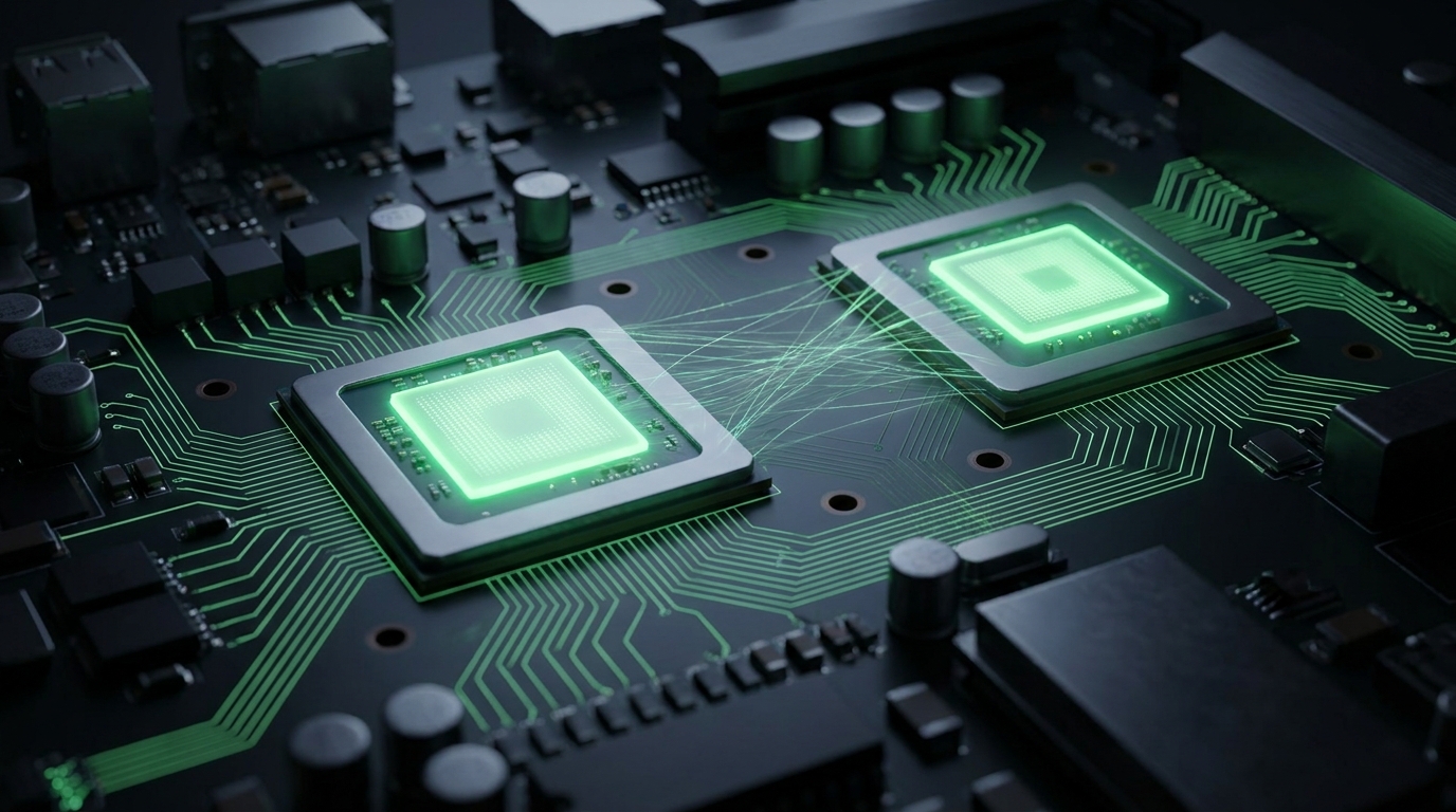 Close-up of a CPU and GPU chip glowing, representing optimized performance for local LLM deployment with llama.cpp.