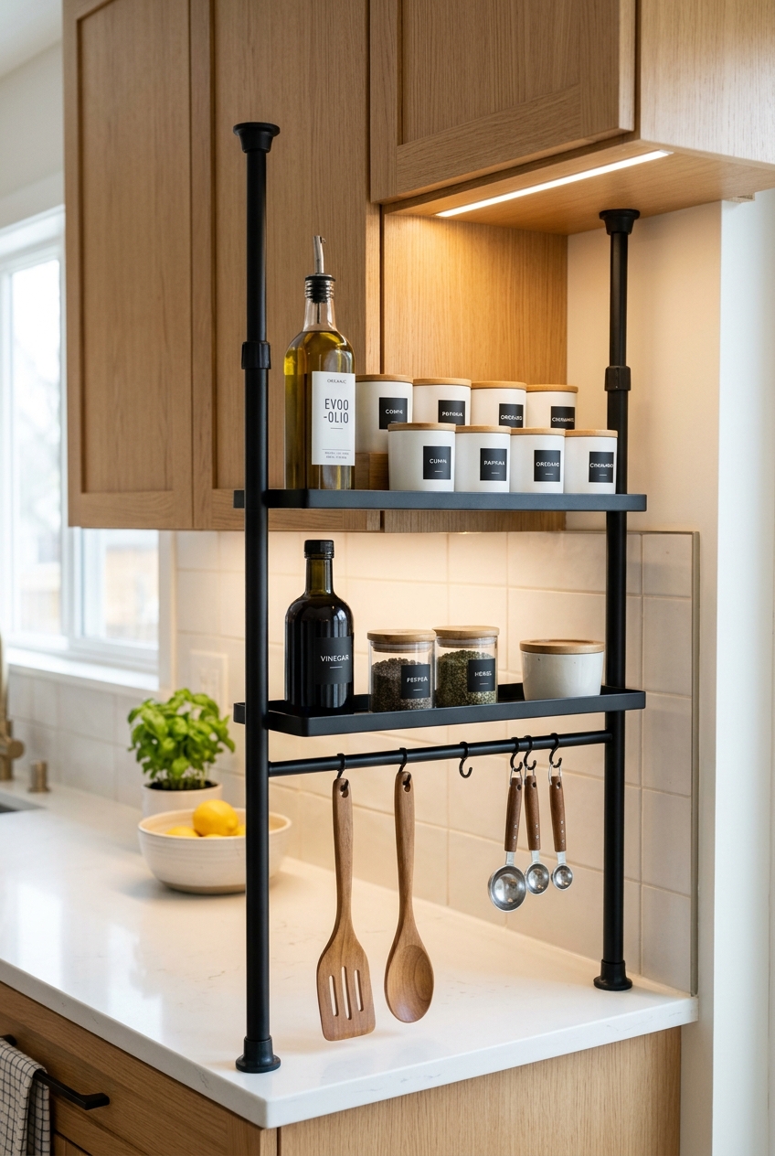 Matte black tension pole shelf between countertop and upper cabinets holding spices
