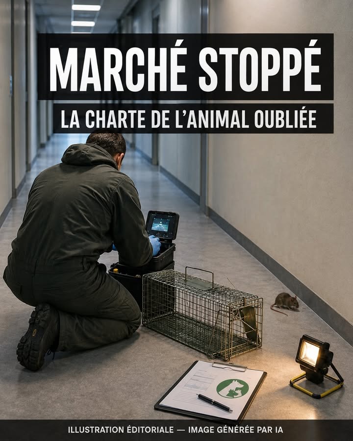 Un homme en tenue de travail s'accroupit dans un couloir avec un piège à rats, un clip et une lampe, près d'un rat.