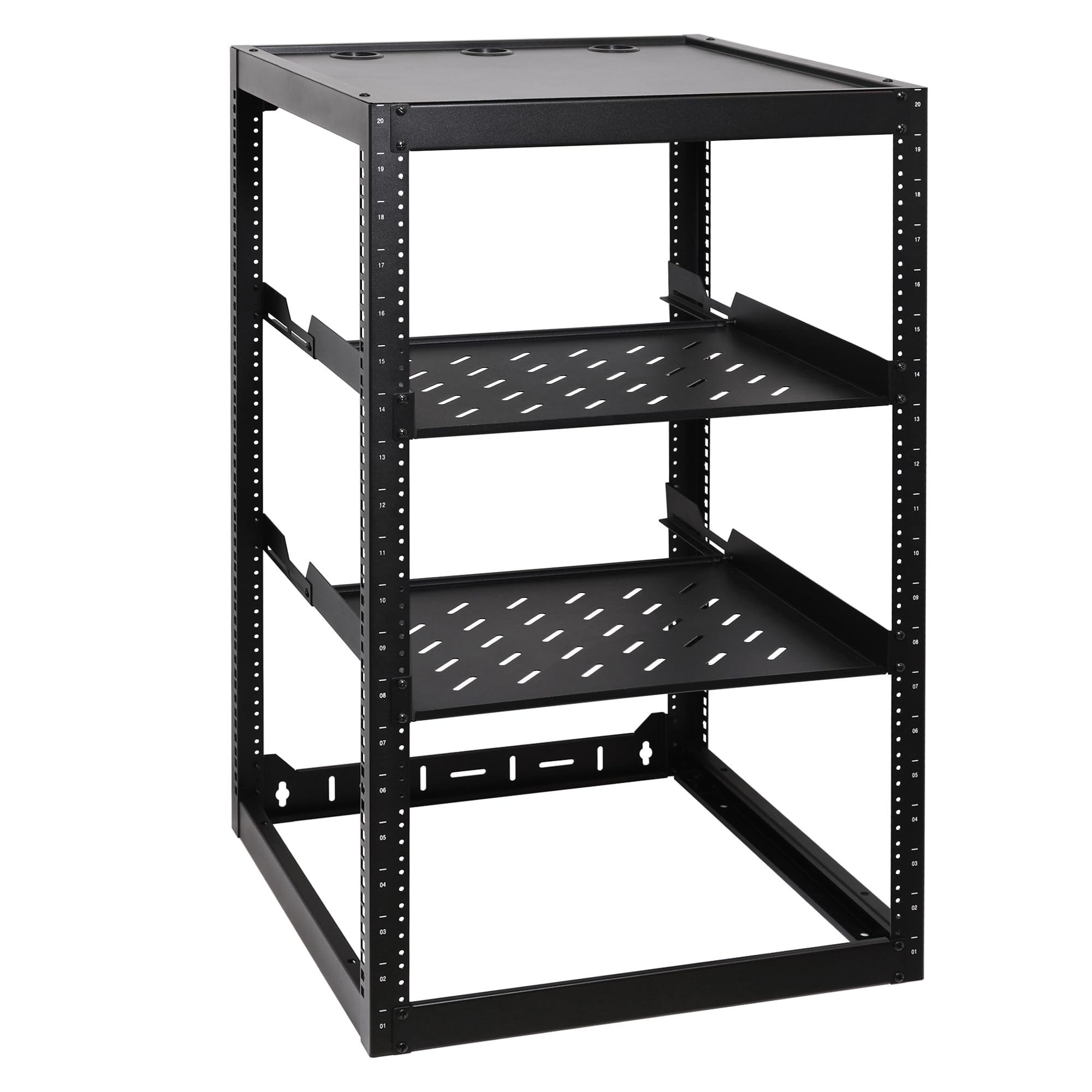 20U Open Frame Network Rack with 2X 14in Vented 1U Shelves Rear Support, Wall Mount/Floor Standing Network Cabinet, Heavy Duty 150 lbs Capacity for IT & AV Gear, Audio and Video Device