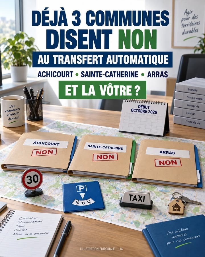 Bureaux avec trois dossiers marqués NON, un calendrier, des objets de circulation et des notes sur un plan.