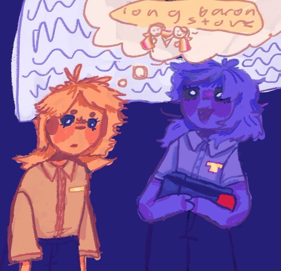 genderbent dave and jack from dsaf. dave is saying a large cloud of scribbled words, while jack is thinking about the long bacon store meme