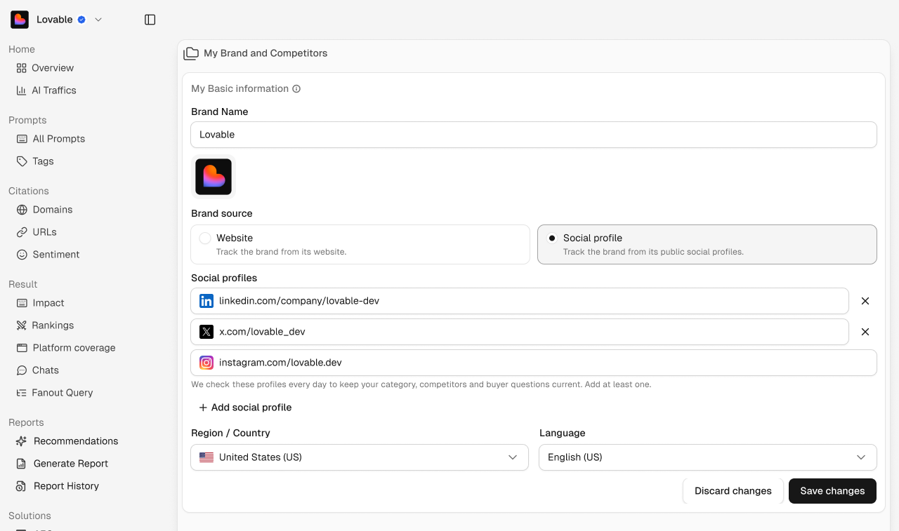 The My Brand and Competitors page