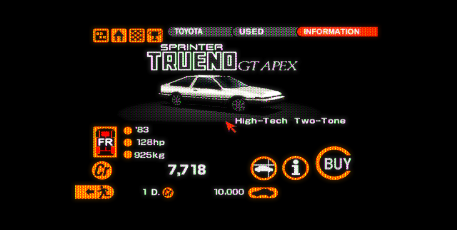 The Toyota Sprinter Trueno in the used car dealership in GT2, available for 7,718 credits