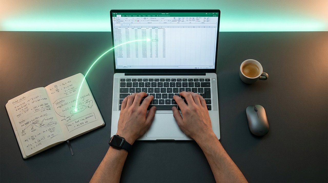 Hands turning messy handwritten numbers into a clean spreadsheet with AI