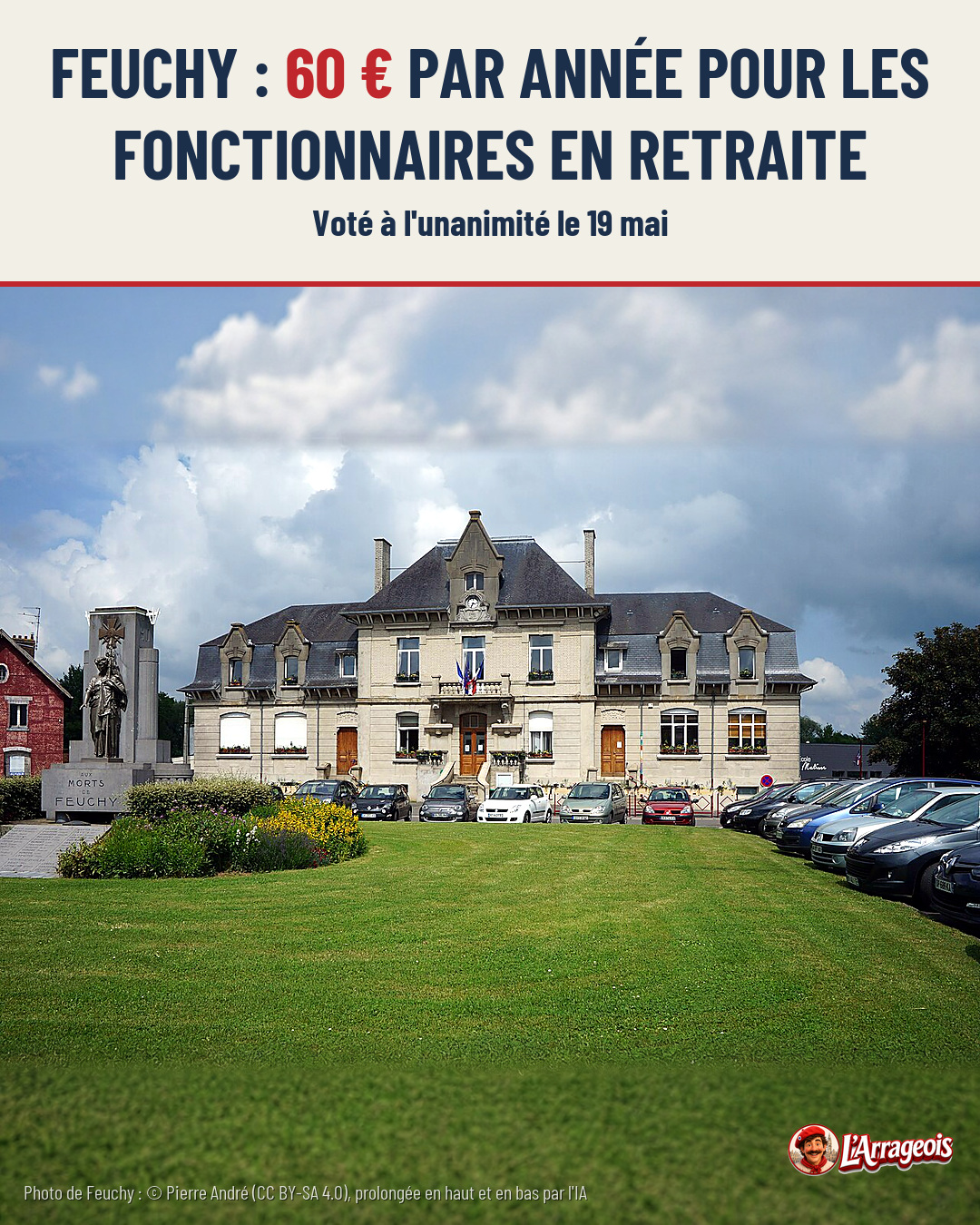 Une grande maison en pierre avec un toit en ardoise, un drapeau français, un monument aux morts et une pelouse avec des voitures garées.