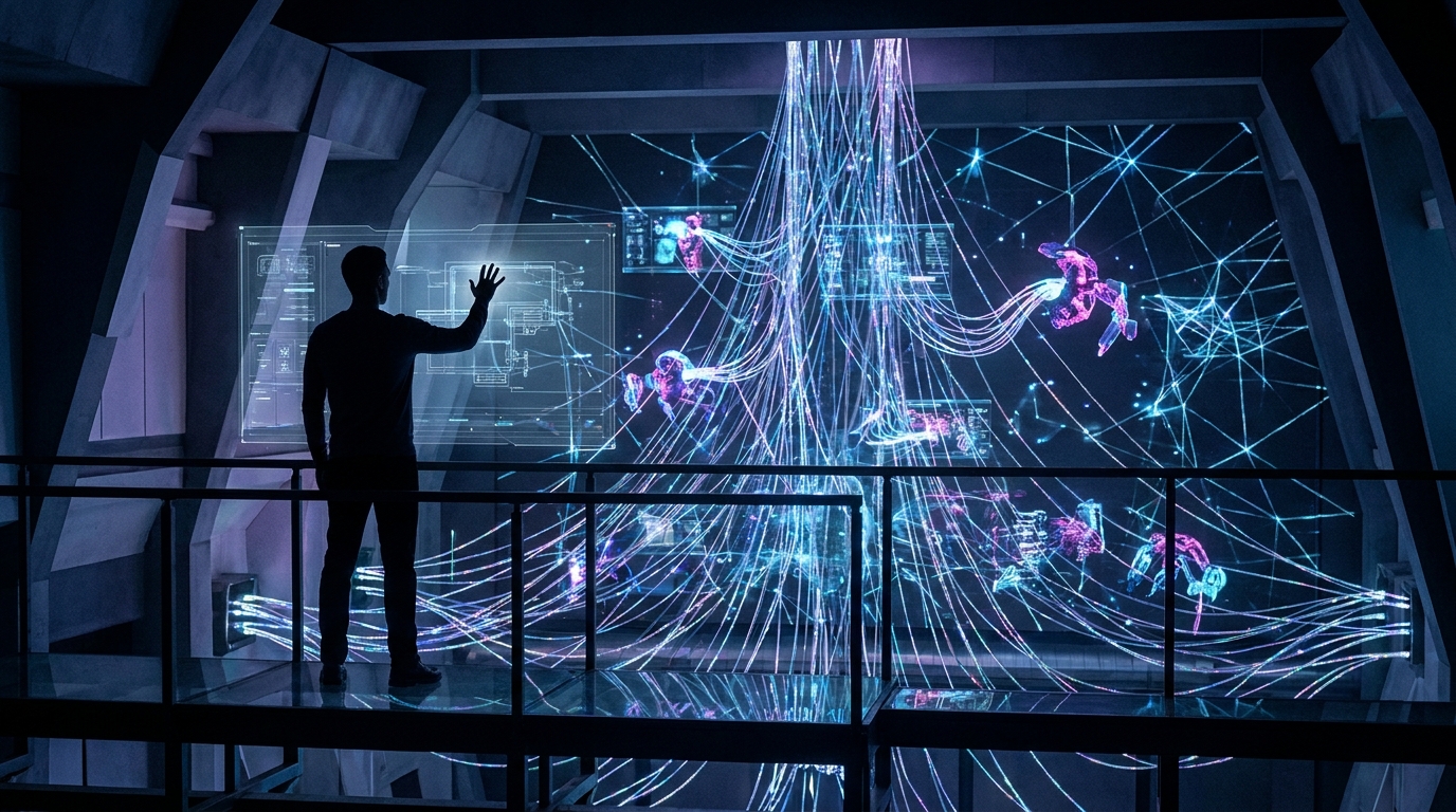 Human silhouette overseeing AI agents, representing human control in Project Perception's vulnerability management.