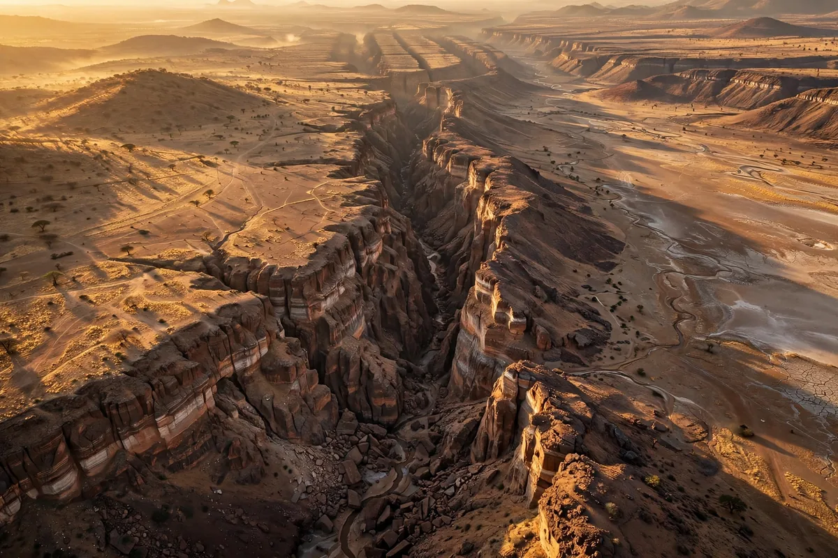 Aerial view of a rift valley tearing through desert terrain