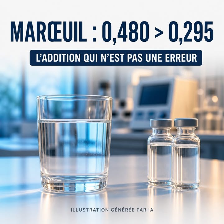 Un verre d'eau et deux flacons de laboratoire sur une table, avec un fond de laboratoire flou.
