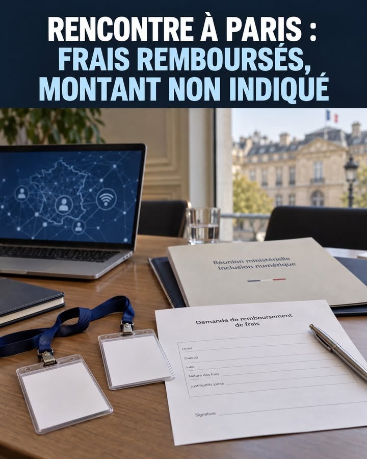 Bureau avec ordinateur, badges, documents de remboursement et vue sur un bâtiment parisien.