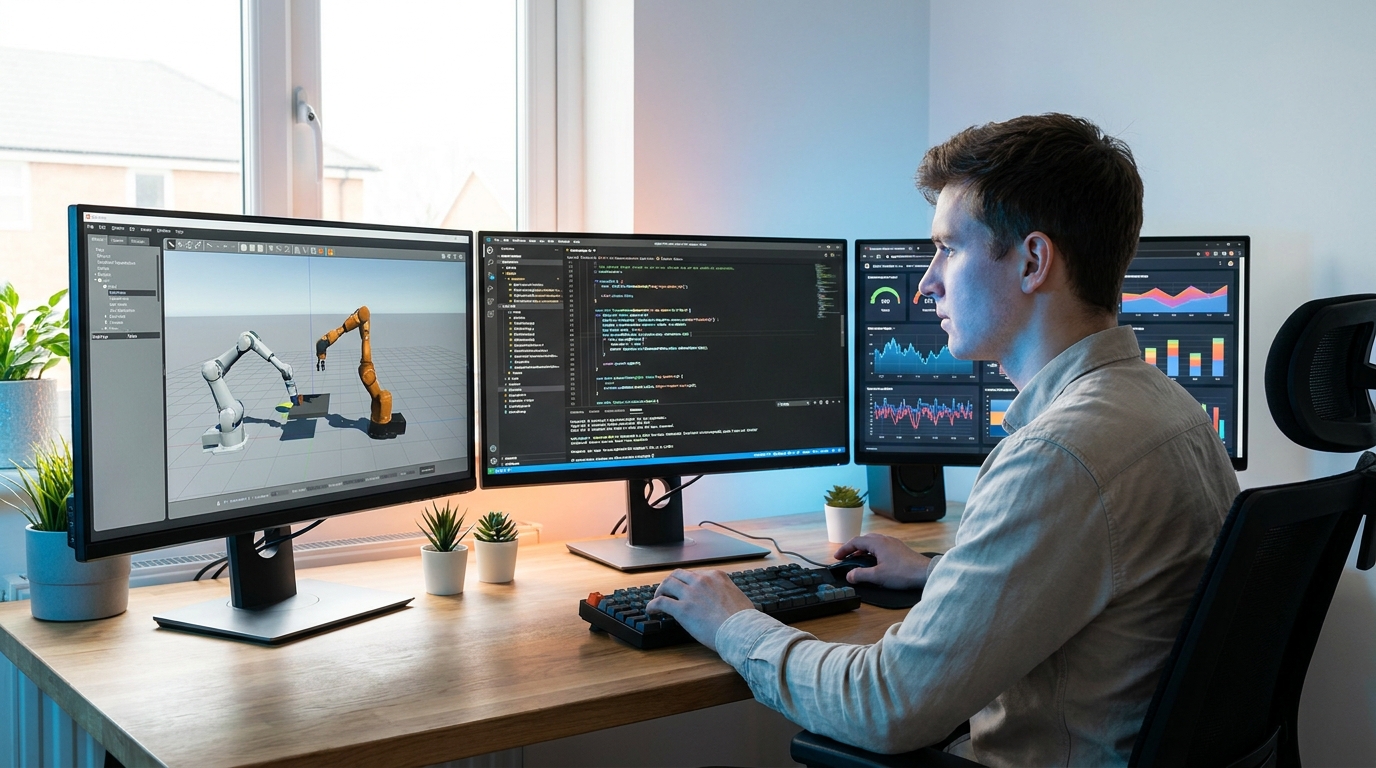 Developer prototyping Gemini Robotics ER 2 workflows on a computer with simulated robot environments.