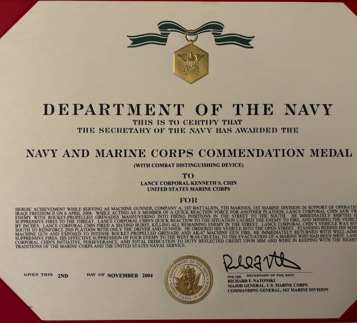 Ken Chin’s Navy and Marine Corps Commendation Medal citation