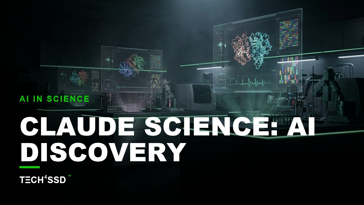 Futuristic laboratory scene with holographic displays showcasing data, symbolizing the power of Claude Science in drug discovery.