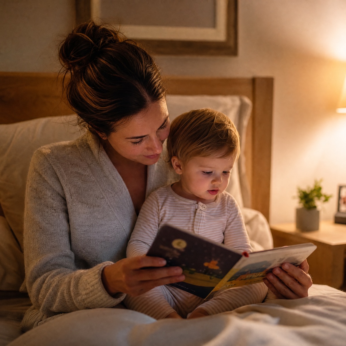 Mom reading a board book to her toddler on her lap at bedtime
