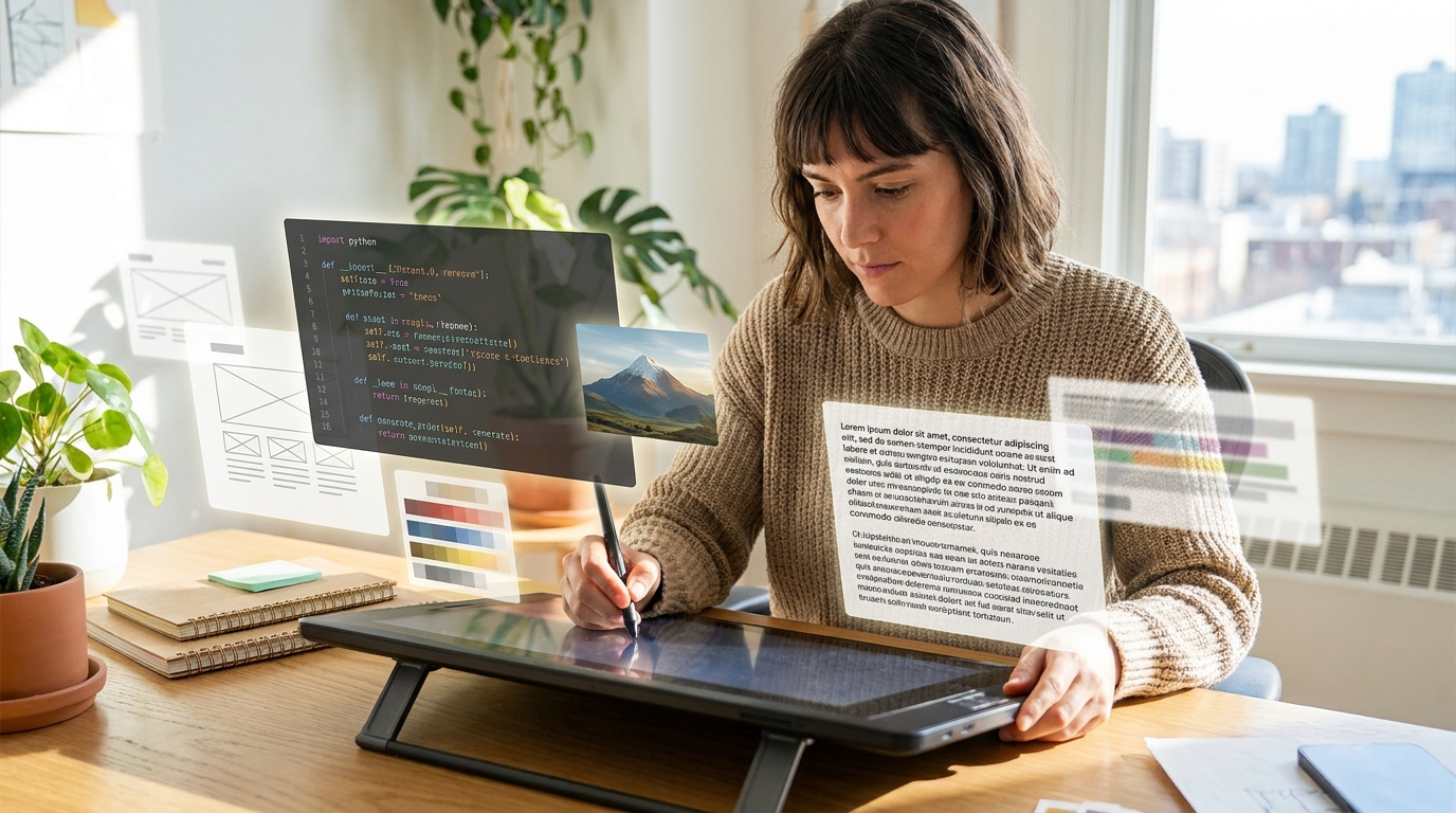 A creator using a digital tablet to collaborate with AI for content generation, showing how freelancers embrace AI in creative workflows.