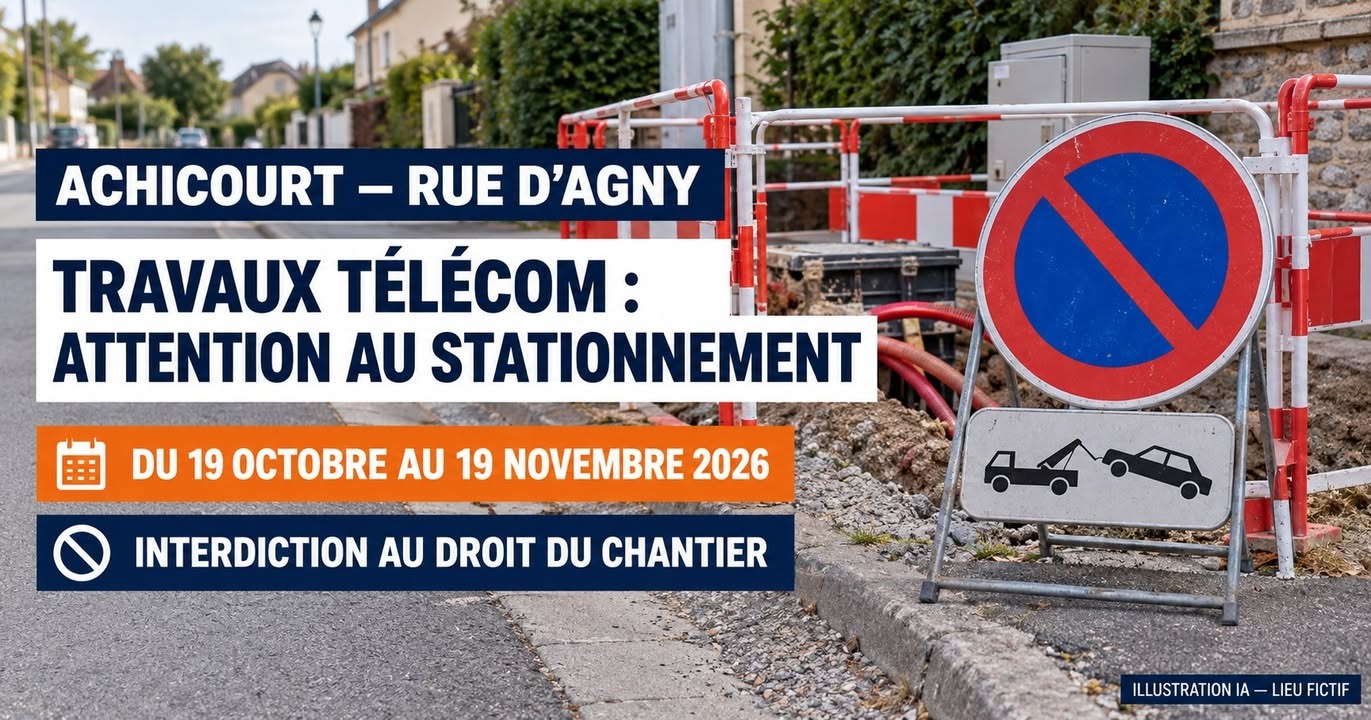 Un panneau routier indiquant l'interdiction de stationnement et le remorquage est posé devant des barrières de chantier rouges et blanches.