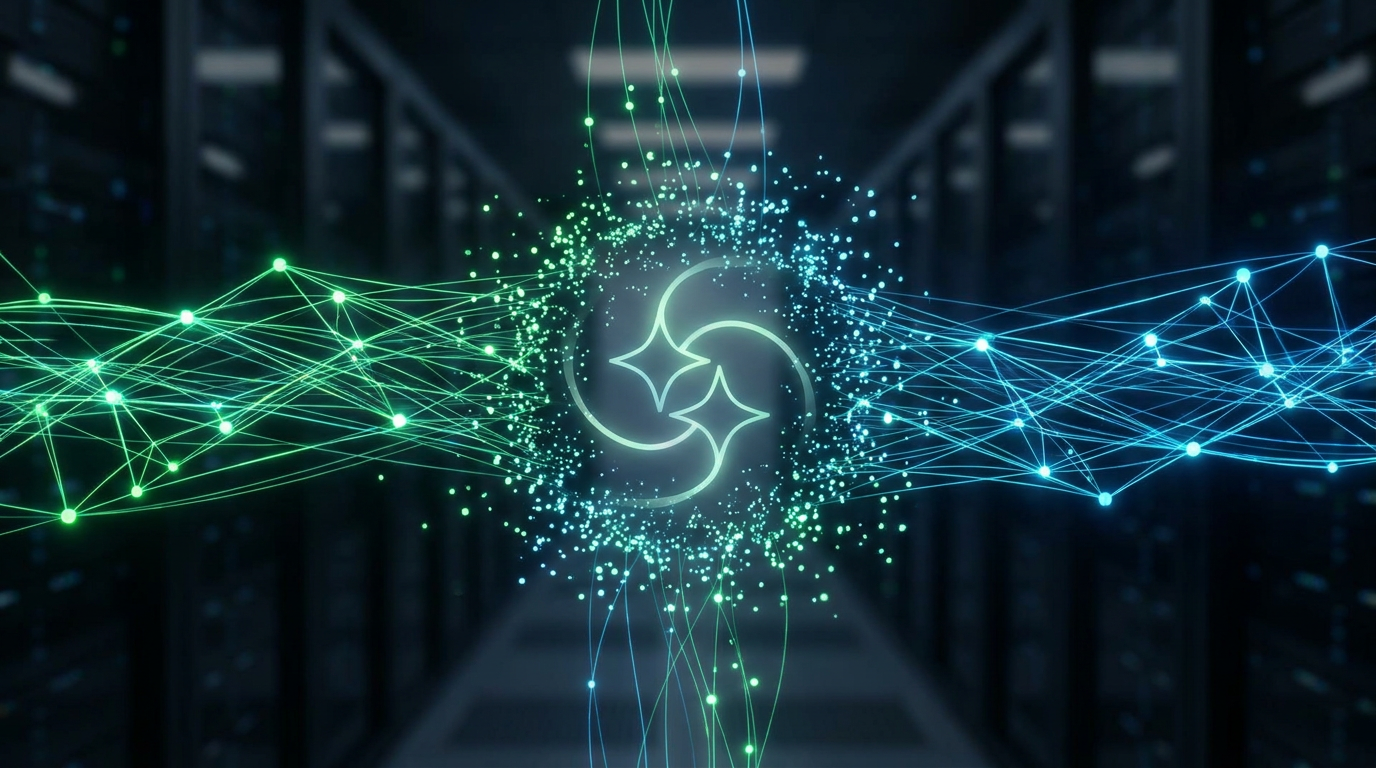 Abstract digital network representing Gemini Omni Flash's AI processing and its integration into Google AI services.