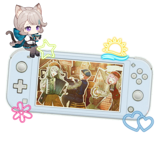 a blue nintendo switch with lynette genshin impact sitting on the top left corner, and nene kusanagi, emu otori, and tsukasa tenma visible on the screen