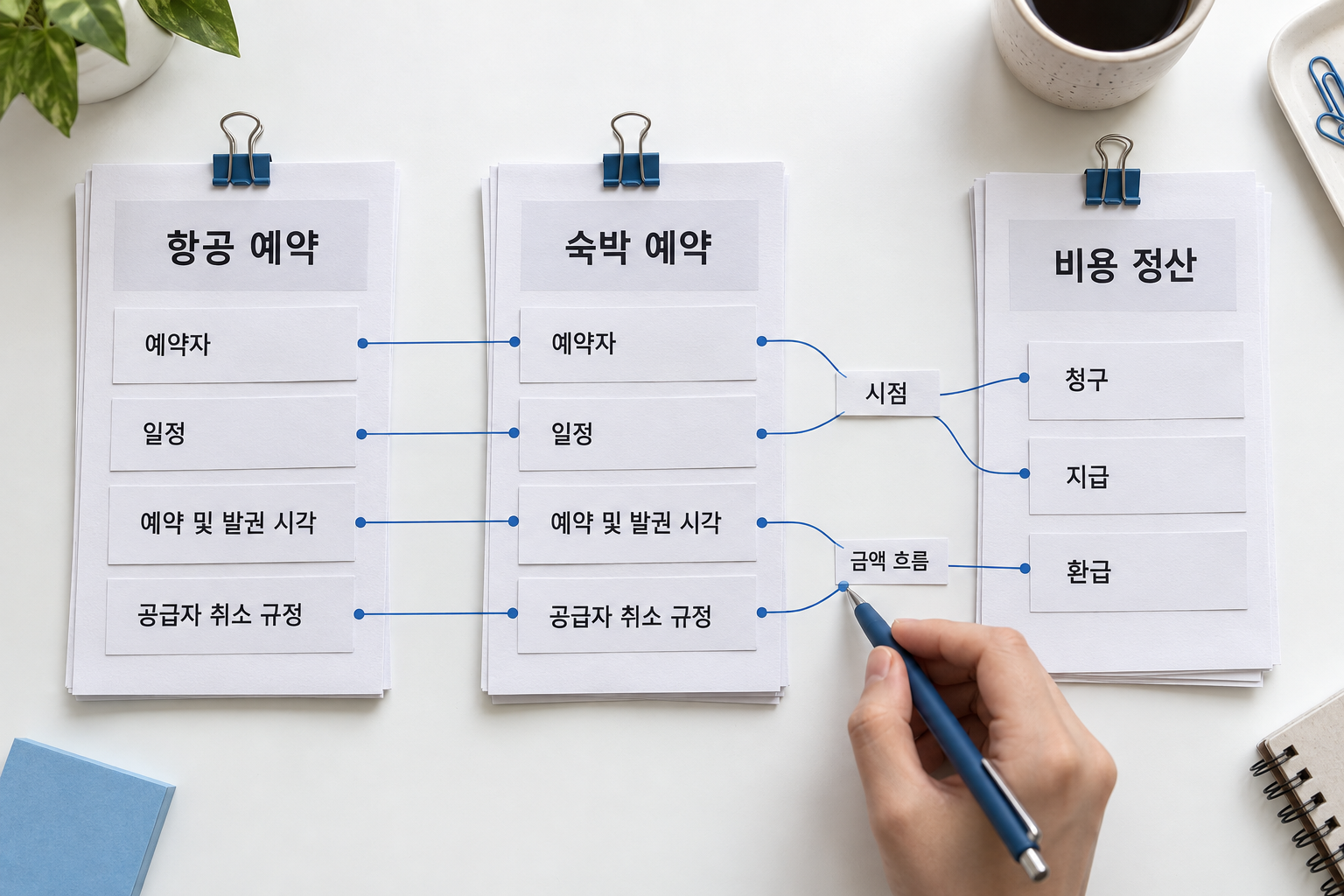 항공·숙박 공제 자료를 예약자와 이용 일정, 예약·발권 시점에 연결하는 설명용 장면