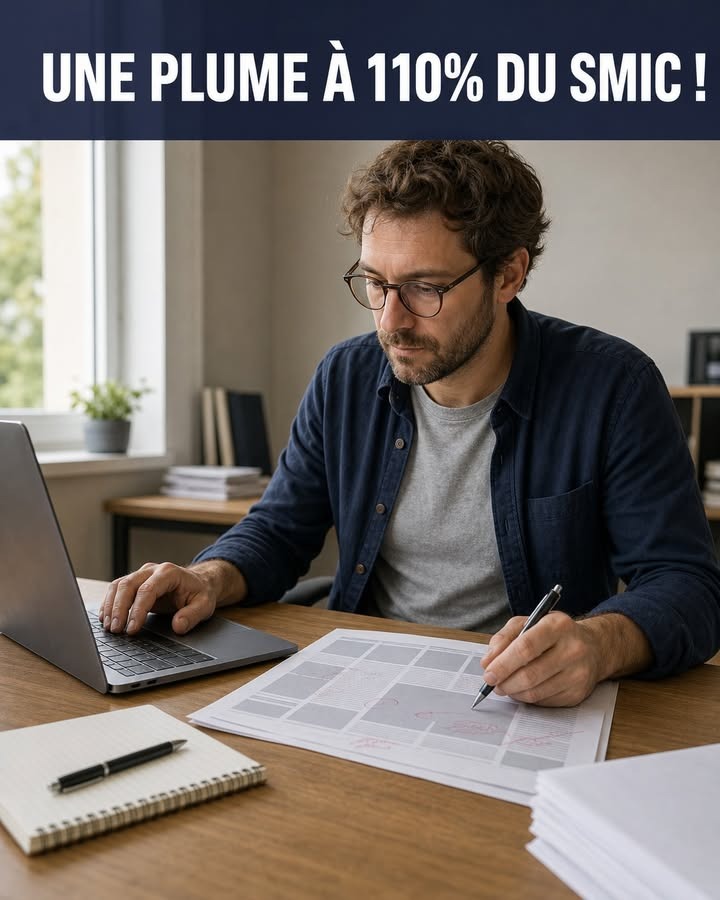 Un homme aux cheveux bouclés et portant des lunettes, en chemise bleue, travaille assis à un bureau avec un ordinateur portable, un carnet et un document qu'il remplit à la plume.