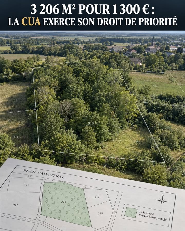 Vue aérienne d'un bois classé entouré de parcelles agricoles, avec un plan cadastral superposé en bas montrant la parcelle 316 protégée.