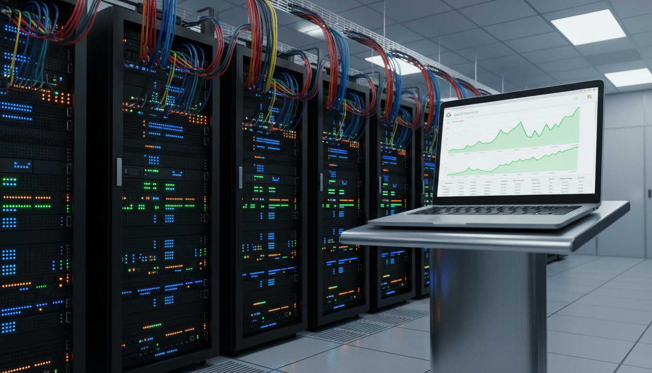 Server room met monitoring dashboard voor productdata migratie van Magento naar Shopify