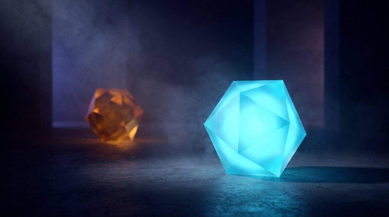 Two glowing crystals — a larger cyan one in front and a smaller amber one behind