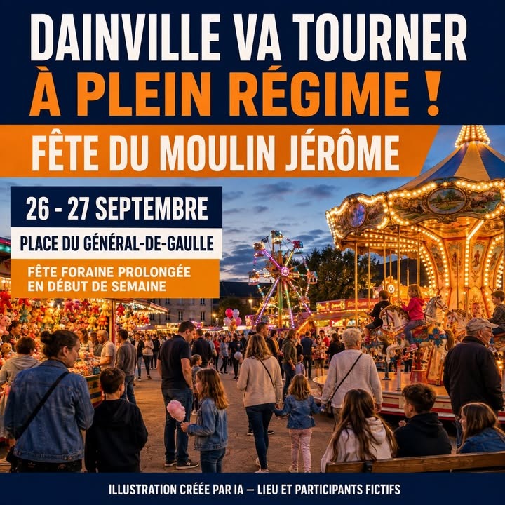 Foule de personnes devant un manège illuminé et une grande roue de fête au crépuscule.