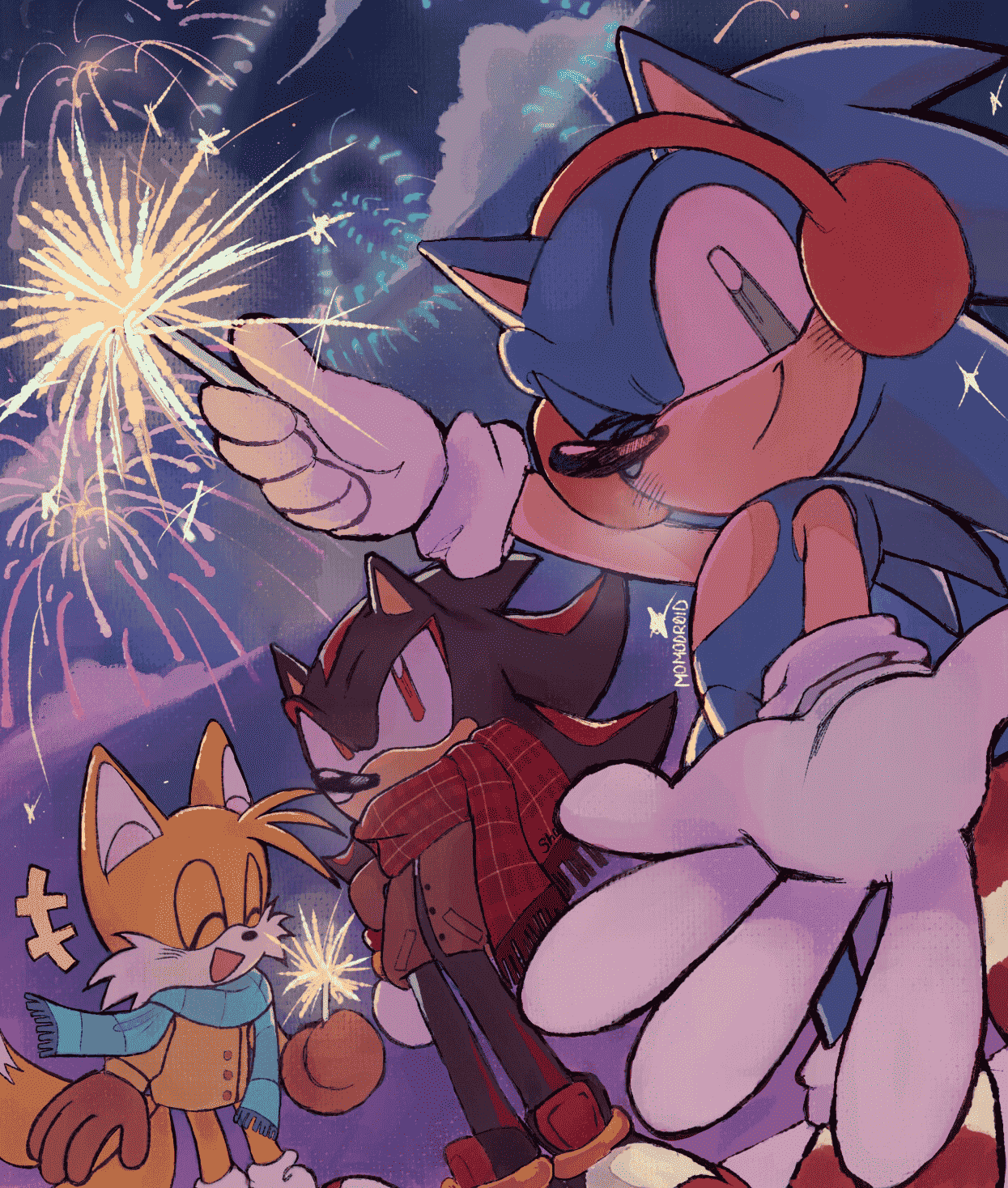 Fireworks with friends, Sonic is reaching out to the audience to invite them to join in the fireworks celebration. Tails is playing with a sparkler while Shadow looks up at the fireworks