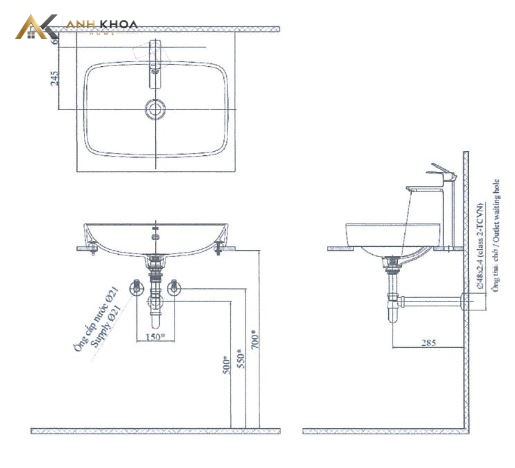 Bản vẽ kỹ thuật chậu rửa đặt bàn Inax AL-299V 