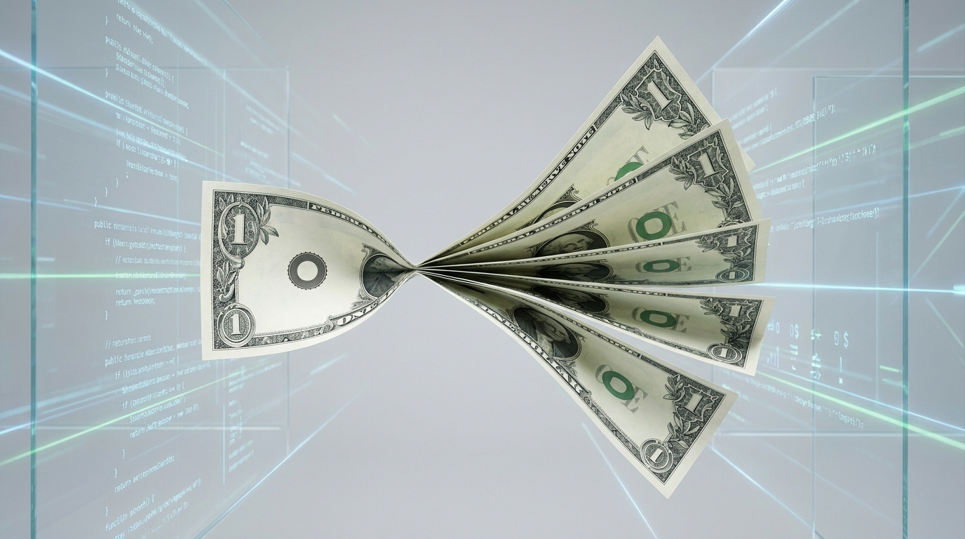 Image showing one dollar bill multiplying into six, symbolizing GLM-5.2's cost-effectiveness compared to other AI models.