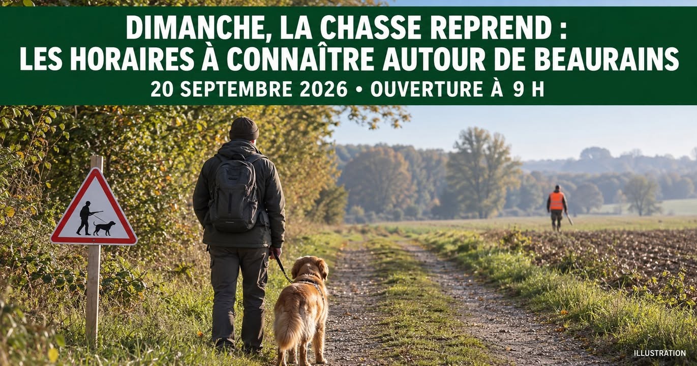 Un homme avec un chien de chasse marche sur un sentier rural près d'un panneau de signalisation, avec un autre chasseur au loin.