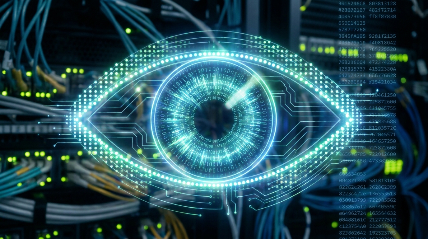 Digital eye monitoring a network of data, representing OpenAI's GPT-5.4 Thinking for AI misalignment detection.