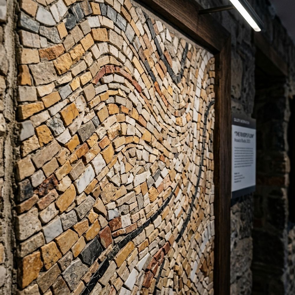 Luxury architectural salon featuring a handcrafted natural marble mosaic mural installation.