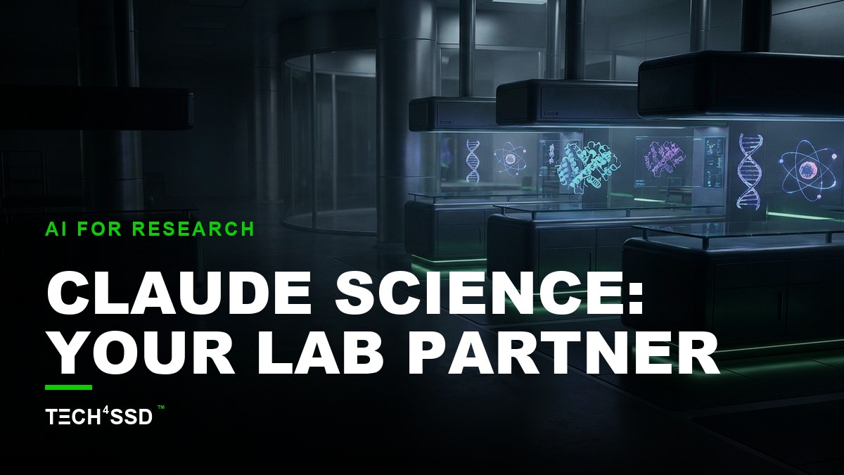 A scientist in a lab coat interacting with a holographic interface displaying 3D protein structures and genome browser tracks, with lines of code visible in the background, all within a clean, futuristic lab setting, representing Claude Science.