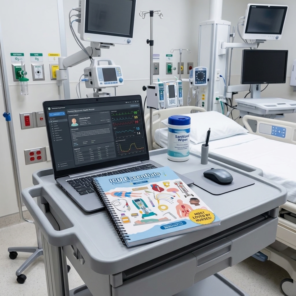 ICU Essentials book flat on WOW cart