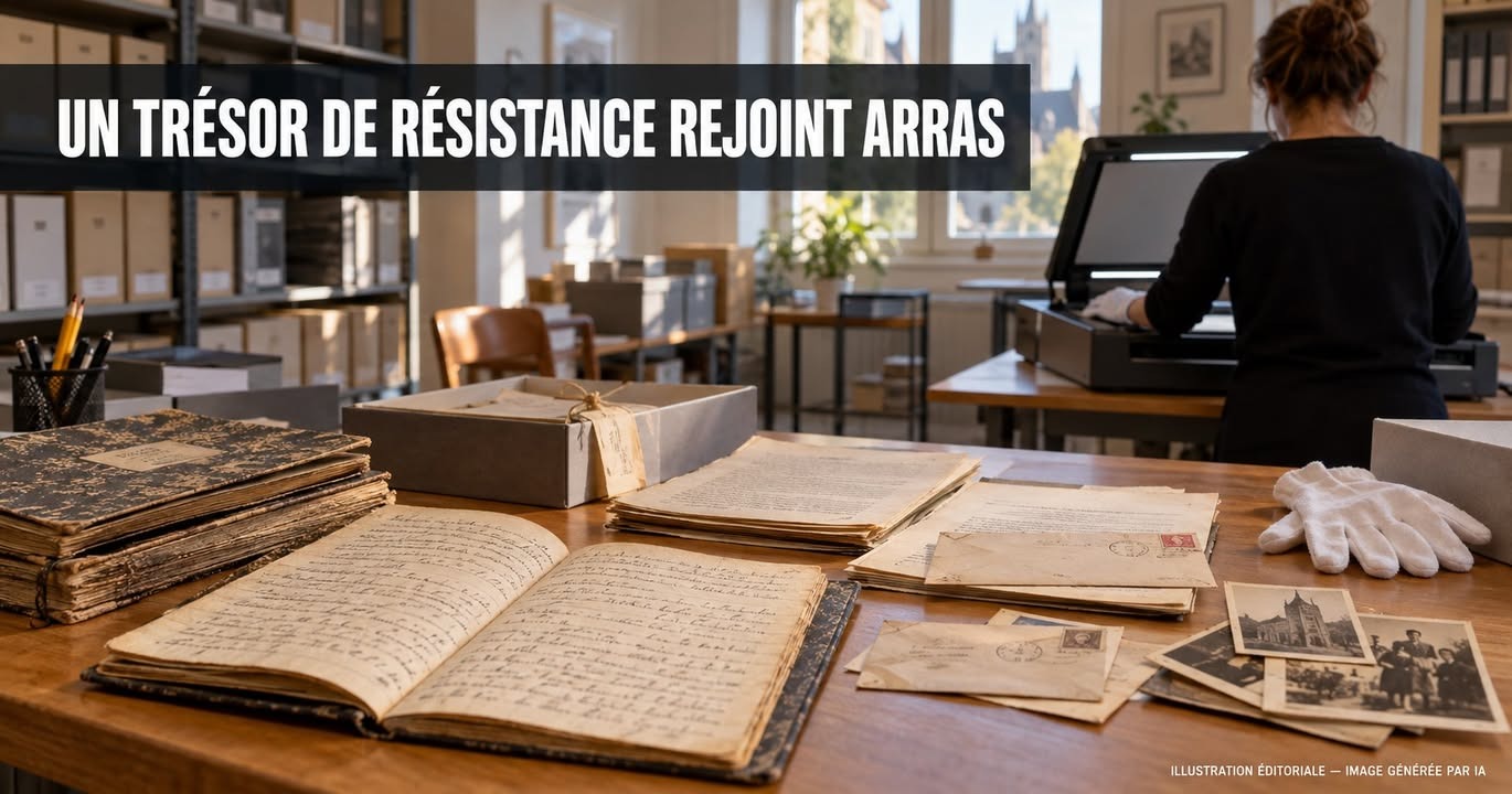 Une table de travail avec des manuscrits anciens, des lettres, des photos noirs et blancs, des gants blancs et une femme utilisant une machine.