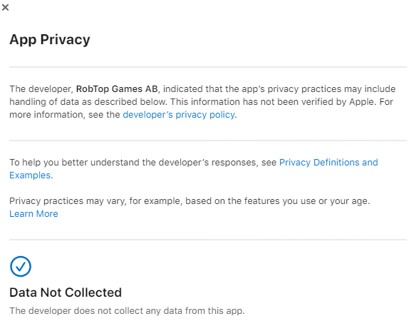 A screenshot of the privacy details page of the app on iOS, this time showing that it collects no data.