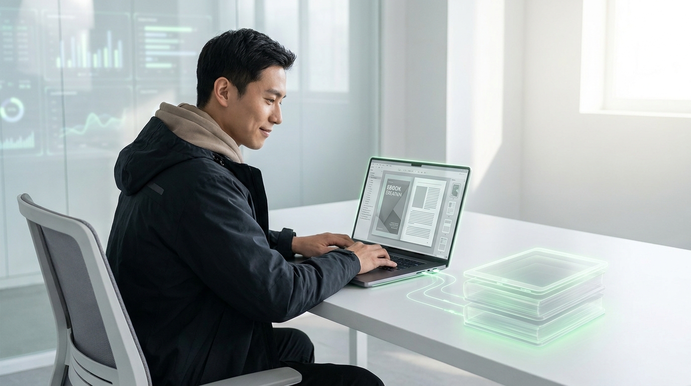 Person using AI ebook generator on a laptop to create digital products.