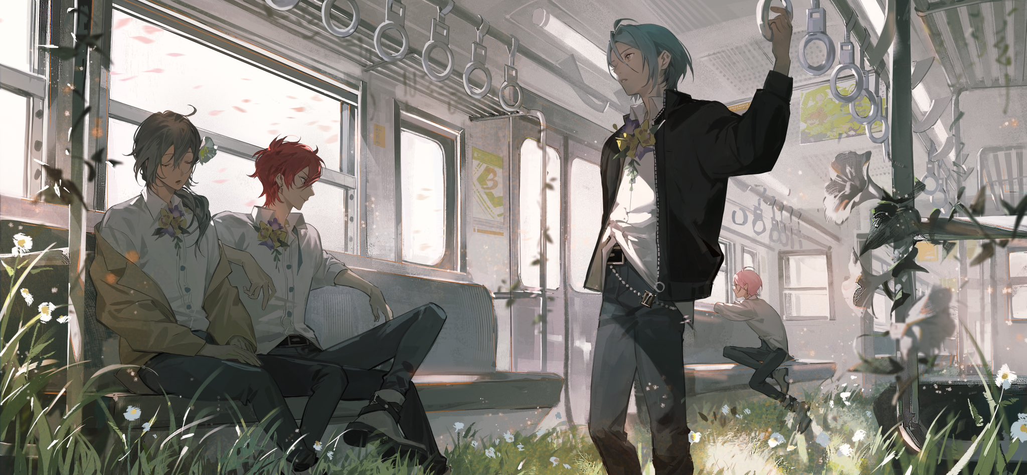 art of crazy:b on a train with a bunch of overgrowth of plants . rinne and niki sit on a bench beside each other, and himeru stands in the middle, holding one of those things that comes from the ceiling . kohaku is way at the back and hardly visible . the lighting is poor, but the windows let in sunlight